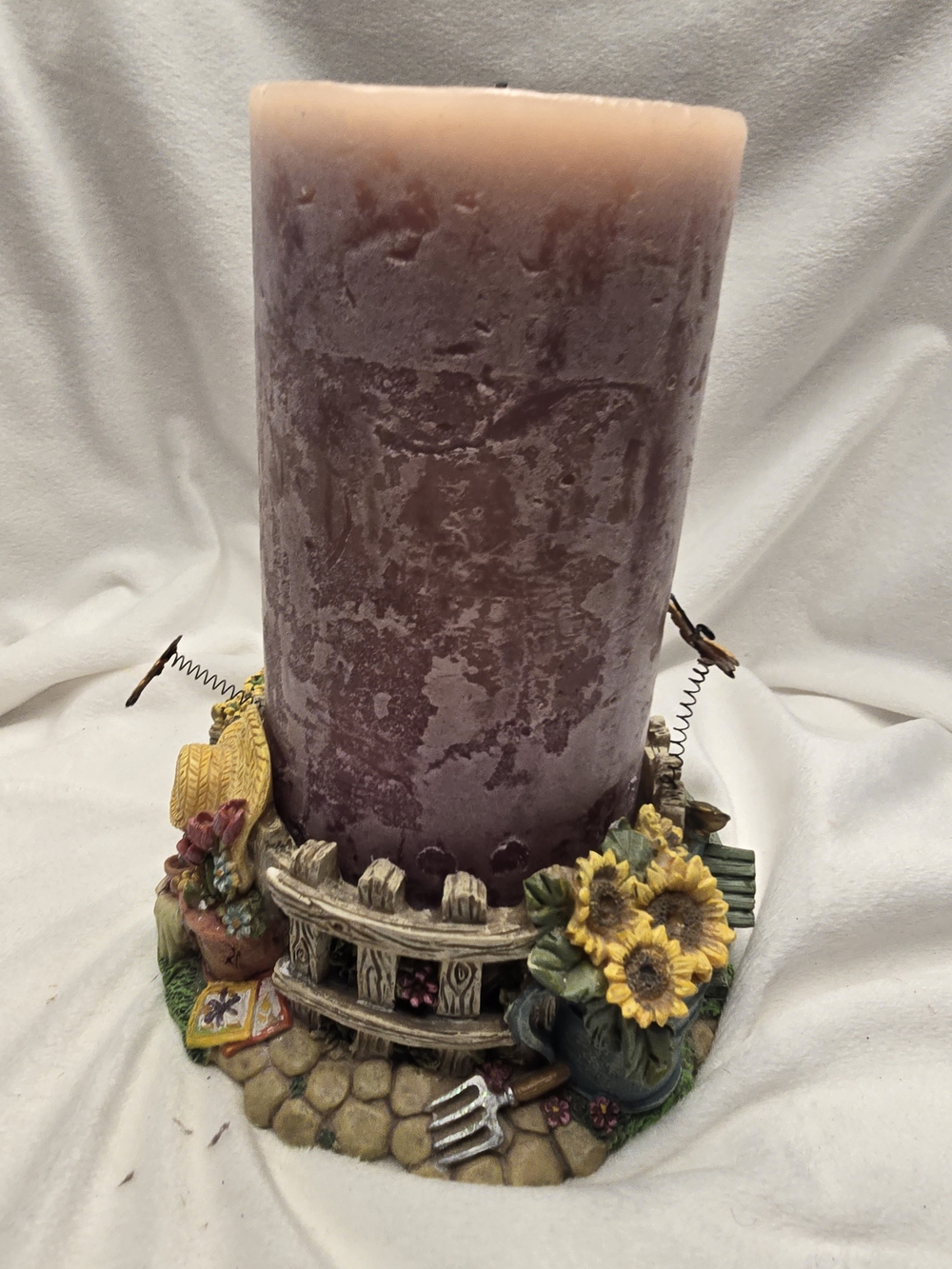 Decorative Purple Pillar Candle with Sunflower Garden Base